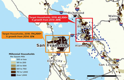 Cushman & Wakefield’s map illustrates the demographic cohort living in the Oakland, California, area, which is easily accessible to San Francisco and relatively affordable.