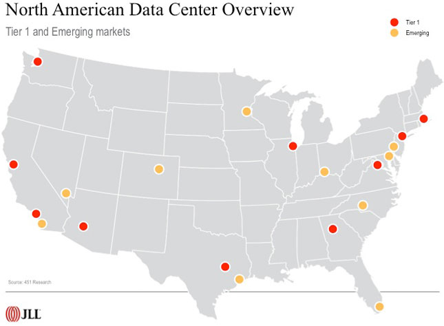 North American Data Centers - Tier 1 and Emerging Markets Map