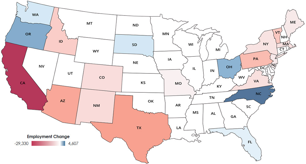 Employment for semiconductor and related device manufacturing from 2001 to 2023 declined in most states.