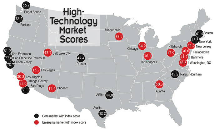 Map: U.S. High-Tech Markets - Core and Emerging; Source: Jones Lang LaSalle United States High-technology Office Outlook 2013