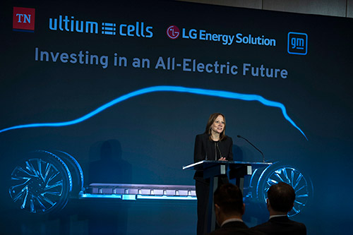General Motors CEO Mary Barra announces a partnership with GM & LG Energy Solution to manufacture Ultium cell batteries in Tennessee.