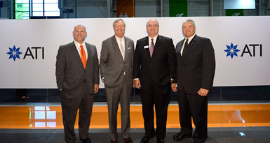 (L-R) Chris Platé, Executive Director, Monroe-Union County Economic Development; John E. Skvarla III, NC Secretary of Commerce; Richard J. Harshman, Chairman, President, and CEO of ATI; and Hunter R. Dalton, Executive Vice President, ATI ‘s EVP of Strategic Growth Initiatives